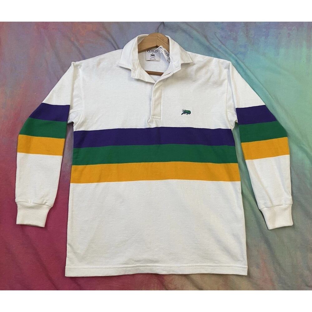 NWT Perlis Mardi Gras Crawfish Rugby Polo Shirt Boys M 12 Striped Long Sleeve